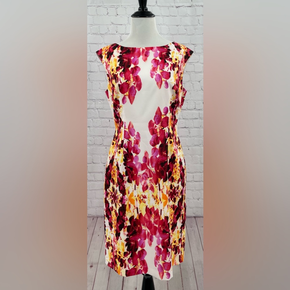 Adrianna Papell Size 6 Floral Pink Gold High Neck Sheath Spring Lined Dress